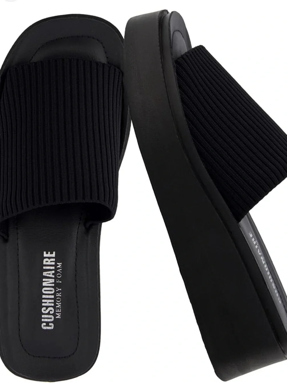 CUSHIONAIRE Black Ribbed Slide wedge minimalist comfy memory foam Sandals